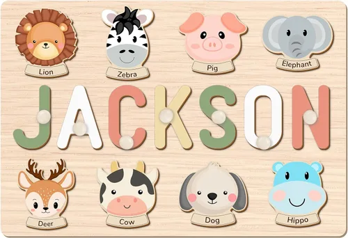 Rompecabezas infantil con nombre personalizado, madera, diseño Montessori, estilo de animales, para cumpleaños de niños y niñas de 1 a 3 años