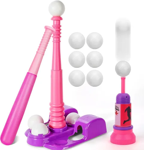 TOY Life - Juego de T Ball para niños de 3 a 5 años, juego de béisbol para niñas pequeñas, soporte de TBall con lanzador de pelota y 6 pelotas de