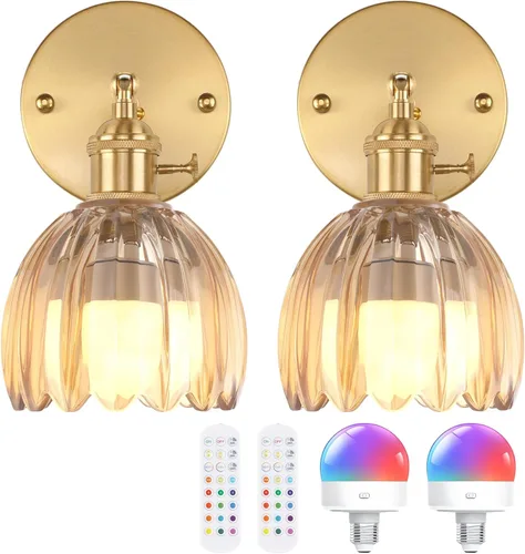 Miniatura 26 de Shenmoyl Aplique de Pared Vintage Operado por Batería con Linda Campana de Vidrio Tulipán Verde, Recargable Inalámbrica, Luz de Pared con Control