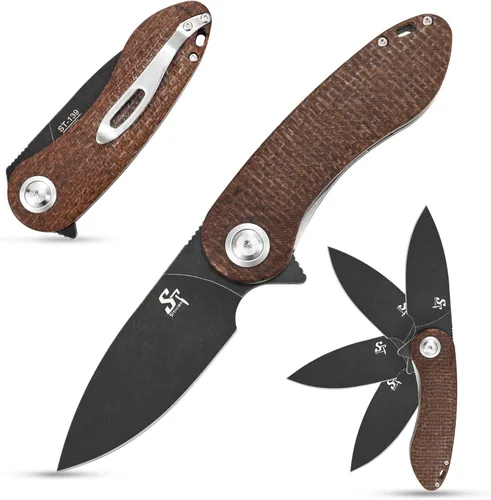 Miniatura 9 de Sitivien ST139 Sandvik 14C28N Cuchillo plegable de hoja de acero, cuchillos de herramientas EDC con mango Micarta para acampar al aire libre, Verde