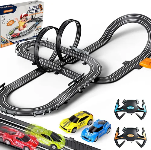 Juegos de pista de carreras de coches de ranura para niños, batería o pista de carreras eléctrica con 4 coches de ranura de alta velocidad y 2