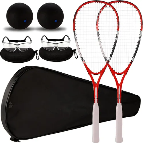 2 Pack Beginner Squash Racquet Set Includes Racquets with Racket Bags Anti Fog Goggles Cases Blue Dot Ball Indoor Gym Sports for Beginners Novice