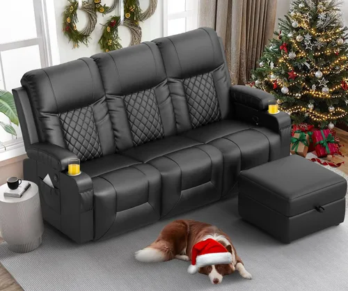 Miniatura 10 de FURNIMAT Sofá reclinable, sofá reclinable doble de 3 asientos, sofá biplaza de piel sintética, moderna silla reclinable para sala de estar, con Negro
