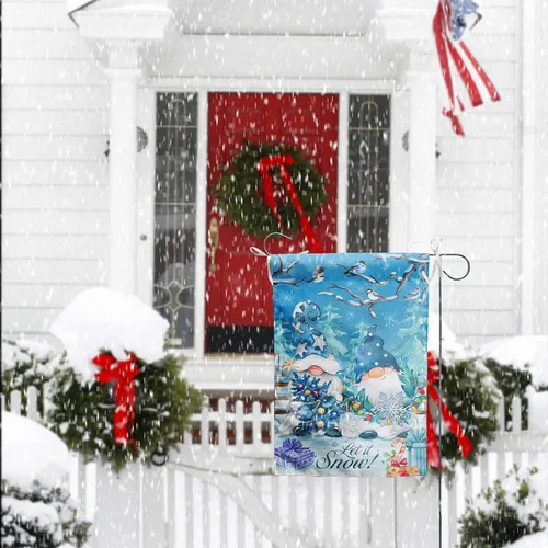 Miniatura 6 de Bandera de jardín de copos de nieve de gnomo azul de doble cara, Let it Snow Invierno decorativo para casa, patio, bandera pequeña al aire libre