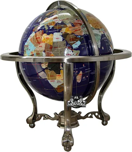Unique Art - Globo del mundo de lapislázuli azul de 21 pulgadas de alto con trípode plateado y piedra de provincia dividida de Canadá y piedra del
