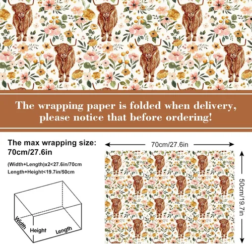 Miniatura 2 de AnyDesign Papel de regalo de vaca de las tierras altas de las tierras altas, no enrollable, papel de regalo de vaca con flores, plegado plano