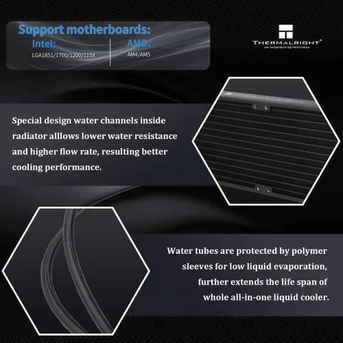 Miniatura 4 de Thermalright Frozen Prism 240 Enfriador de agua líquido negro para CPU con ventilador PWM de 4.724 in, especificación de fila fría negra de 240
