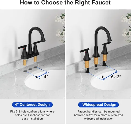 Miniatura 9 de Hurran - Grifos de baño para fregadero de 3 agujeros, juego central de 4 pulgadas y grifo de lavabo de baño negro mate con drenaje emergente, grifo