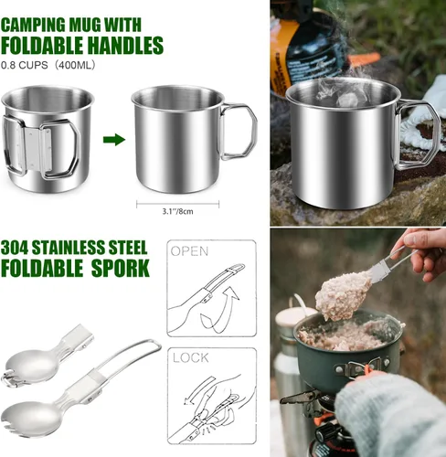 Miniatura 6 de Odoland - Juego de 8 utensilios de cocina para acampar, juego de ollas y sartenes con mini estufa de mochilero, taza de acero inoxidable, soporte