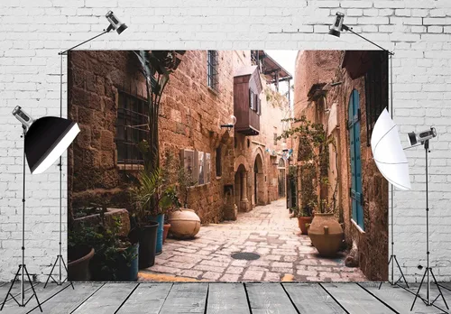 Miniatura 3 de BELECO Telón de fondo de tela de 5 x 3 pies, diseño de calle de la ciudad vieja, Israel, casas de piedra, macetas, nostalgia, fotos, fondo