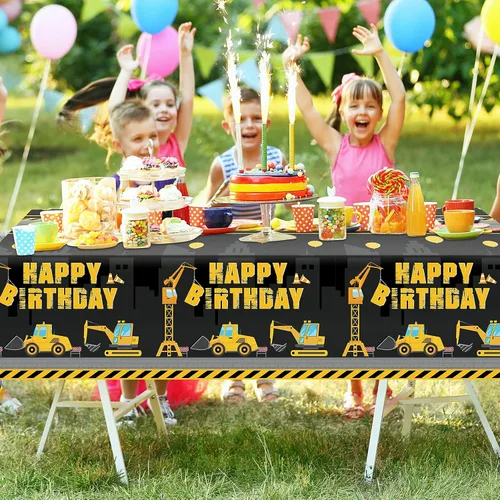 Miniatura 7 de Tatuo Mantel de construcción de feliz cumpleaños, diseño de camión volquete, cubierta de mesa de tractor de plástico impreso, suministros de Negro