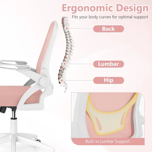 Miniatura 5 de Giantex Silla de oficina de malla, silla de escritorio ergonómica con brazos abatibles y soporte lumbar, escritorio giratorio de altura ajustable