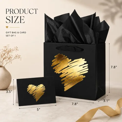 Miniatura 2 de ysmile Pequeña bolsa de regalo negra con papel de seda para hombres, fiesta de cumpleaños, aniversario, día del padre, 7.8 pulgadas, corazón dorado