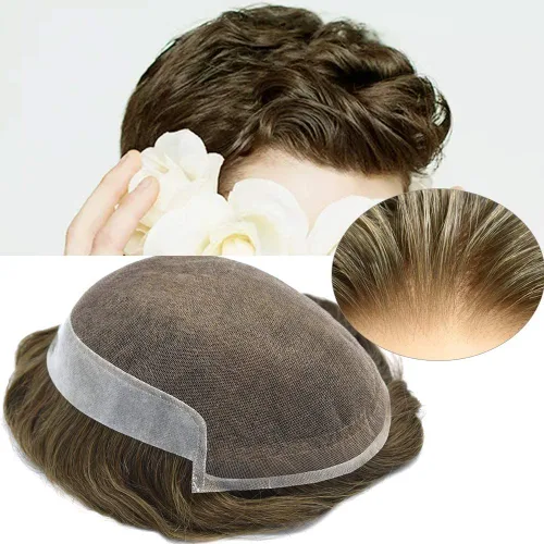 Miniatura 52 de Tupé de encaje suizo para hombres, piezas de cabello humano real, encaje frontal, sistema de reemplazo de cabello tipo tupé, nudo blanqueado, línea