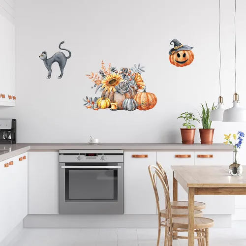Miniatura 2 de Decalcomania - Calcomanías de pared para Halloween, juego de 31 calcomanías de decoración de calabazas de otoño para sala de estar, dormitorio