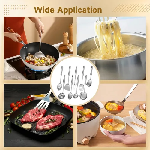 Miniatura 5 de 9 utensilios de cocina de acero inoxidable, utensilios de cocina con mango largo y agujero para colgar, desnatador, cucharón, espátula, cuchara