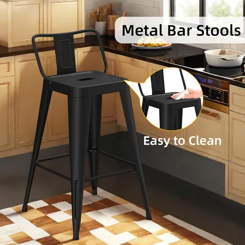 Miniatura 5 de Juego de 4 taburetes de bar de metal de 24 pulgadas, taburetes de altura de mostrador con respaldo extraíble, taburetes de bar negros para isla