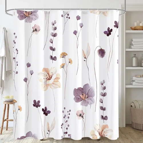Gibelle Cortina de ducha con diseño floral de acuarela, cortina de ducha de flores beige ciruela, para baño, juego de cortina de ducha moderna