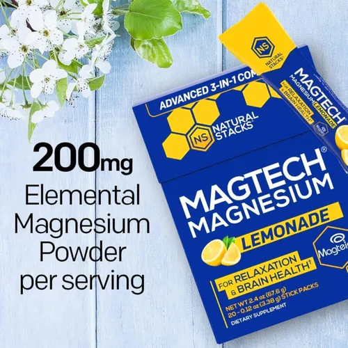 Miniatura 5 de Natural Stacks MagTech - Polvo de bebida de magnesio, 20 paquetes, 100% quelado, glicinato de magteína L-treonato y taurato, mezcla de limonada