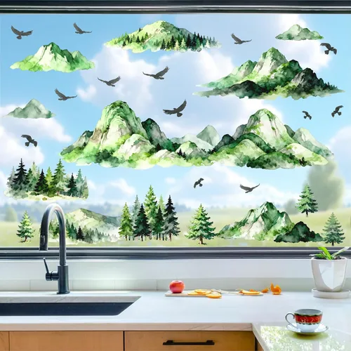 Miniatura 6 de Calcomanías de Pared de Montaña y Árbol Acuarela Calcomanías de Pared de Montaña Despegables y Adhesivas Aves Voladoras Árboles de Pino Verde