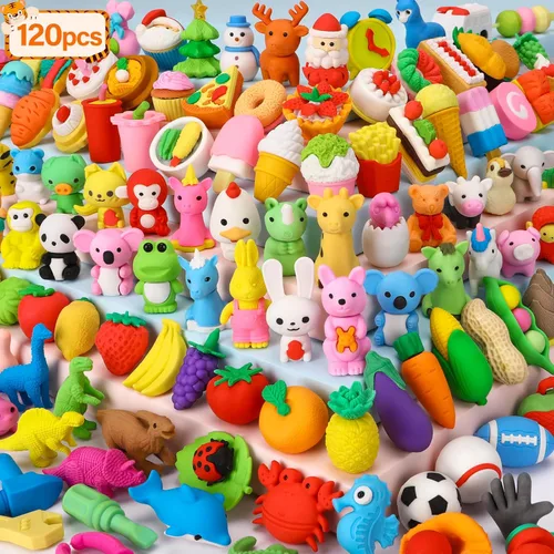 Moosia Paquete de 120 borradores de lápices de animales para niños, mini rompecabezas 3D para desmontar, mascotas de escritorio y juguetes de caja