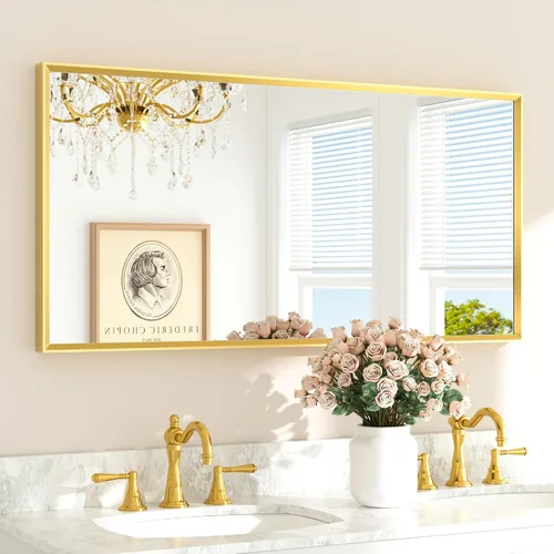 Miniatura 19 de TETOTE Espejo de Baño Dorado de 16" x 20" Latón Dorado Cepillado Rectangular con Marco Biselado Espejo de Tocador de Baño para Sobre el Lavabo