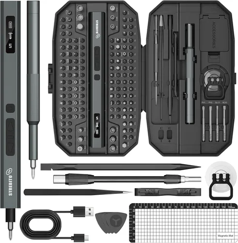 Miniatura 11 de STREBITO Juego de destornilladores eléctricos 155 en 1, destornillador eléctrico pequeño inalámbrico con 140 puntas magnéticas S2, kit de Gris