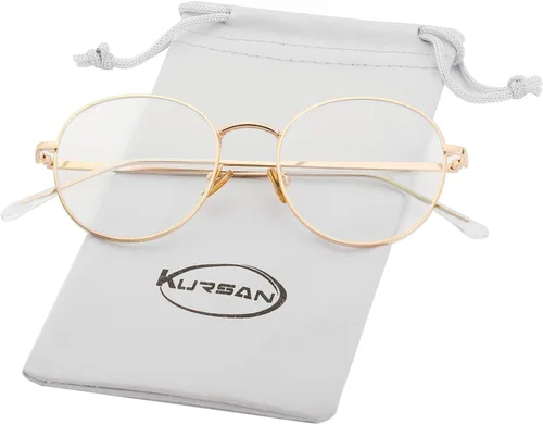 Kursan - Gafas con filtro de luz azul para mujeres y hombres, elegantes, con armazón redonda de metal, lentes transparentes