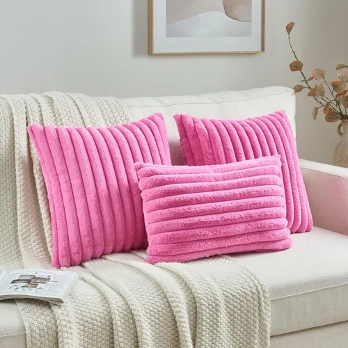 Miniatura 4 de FUTEI - Juego de 2 fundas de almohada decorativas con rayas, rectangulares para invierno, piel sintética de conejo suave y respaldo de terciopelo