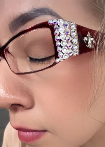 Miniatura 4 de The French, (Bling) Fleur De Lis Women Reading Glasses Adorned with (Clear + Aurora Borealis) Austrian Crystals, Magnifying (Transparent Red)
