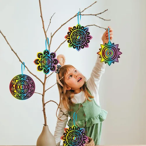 Miniatura 5 de BeYumi Diwali - Juego de 60 tarjetas para rascar con mandala, para niños, para manualidades, papel mágico para rascar, para colgar, adornos florales