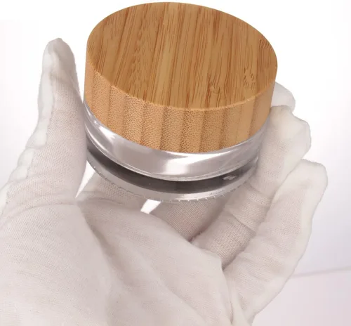Miniatura 4 de COSIDEA 5 tarros vacíos de vidrio transparente redondos de 1 onza/1.06 oz con tapas de bambú, tarro de crema de bambú, recipientes de viaje
