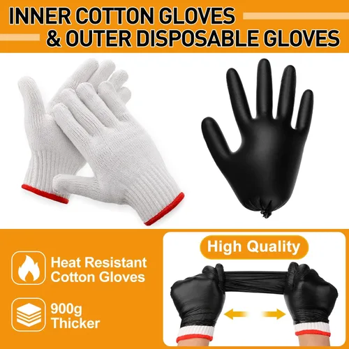 Miniatura 3 de Janmercy 200 piezas Guantes desechables de barbacoa de nitrilo con 4 pares de forro de algodón Guantes para parrilla, cocina, limpieza para ahumador