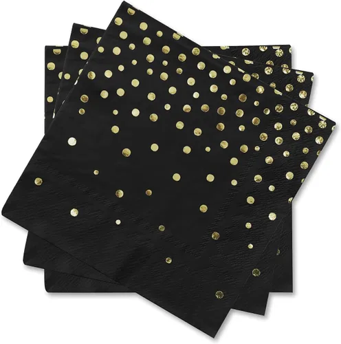 Gatherfun Servilletas desechables para fiestas, color negro y dorado, servilletas de papel con confeti de punto dorado para graduación, boda,