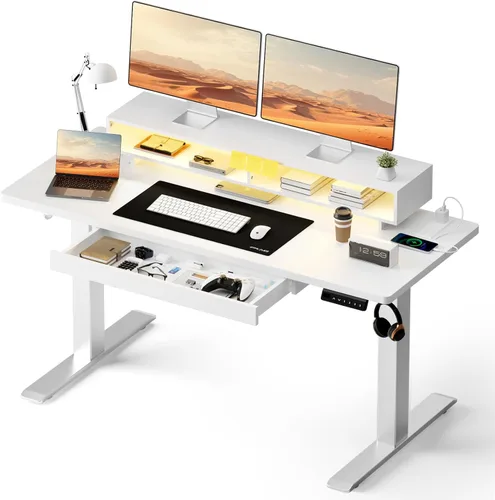 Miniatura 12 de GTPLAYER Escritorio eléctrico de pie con cajones, escritorio de juegos ajustable de altura de 48 x 24 pulgadas con soporte para monitor, tomas