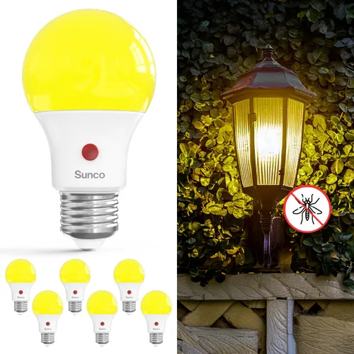 Sunco - Paquete de 6 bombillas amarillas para exteriores A19, luces LED de insectos para exteriores del anochecer al amanecer, 480 LM, 9W, 2000K