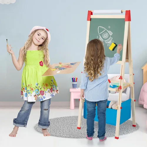 Miniatura 2 de HONEY JOY Caballete para niños, caballete de madera ajustable de doble cara con pizarra magnética y pizarra blanca, rollo de papel, más de 60