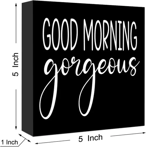 Miniatura 2 de Divertido letrero de madera negra para baño, con texto en inglés "Good Morning Gorgeous Wood Block" para baño, estante de baño, baño, hogar, mesa