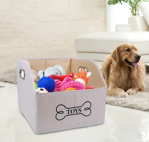 Miniatura 7 de Geyecete Contenedor de almacenamiento de juguetes para perros con mango de madera, cesta organizadora rectangular decorativa de fieltro suave