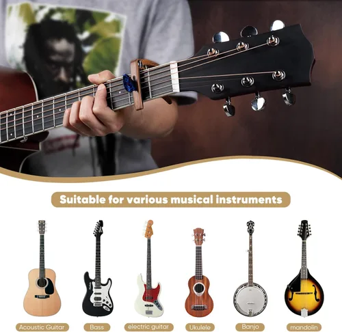 Miniatura 6 de AARVI Cejilla de guitarra de 6 cuerdas para guitarras acústicas y eléctricas, abrazadera universal con 4 púas de alta calidad, compatible con Negro