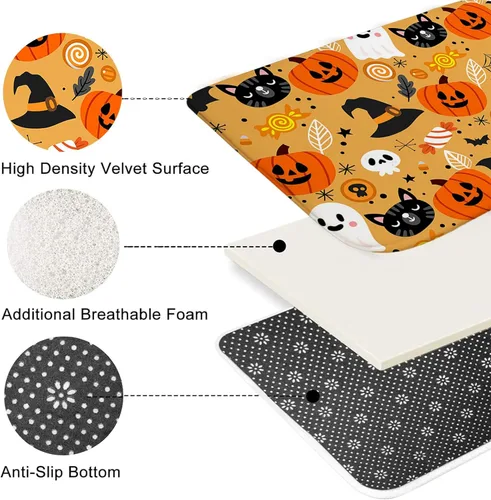 Miniatura 6 de Mocsicka Juego de 4 cortinas de ducha de Halloween para baño, juego de baño de calabaza y fantasma de dibujos animados con alfombras