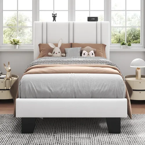 Miniatura 13 de Feonase Base de cama individual con plataforma doble, marco de cama individual tapizado en terciopelo, listones de madera maciza y soporte para pies