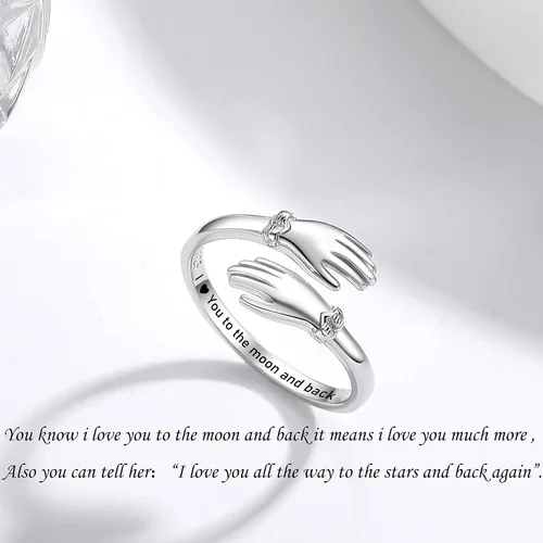 Miniatura 4 de Anillo de abrazo de plata de ley ajustable para seres queridos, anillos de abrazo apilables para mujeres, anillos de abrazo de mano para abrazar