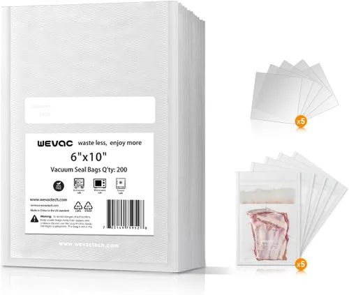 Bolsas selladoras al vacío Wevac de 6" x 10" precortadas, 200 unidades, incluye 5 bolsas de bloqueo de líquidos y 5 piezas de protección ósea,