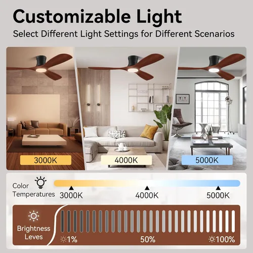 Miniatura 4 de Ventiladores de techo inteligentes de perfil bajo de 52 pulgadas con luces y control remoto, 3 aspas de madera, motor de CC silencioso, ventilador