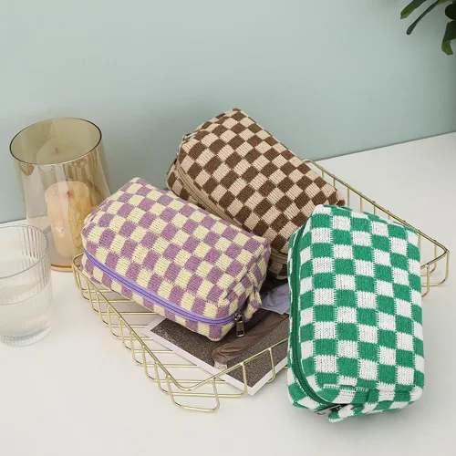 Miniatura 3 de Bolsa de maquillaje de tablero de ajedrez, bolsa de aseo de viaje, organizador de brochas de maquillaje, bolsa de almacenamiento a cuadros, estuche