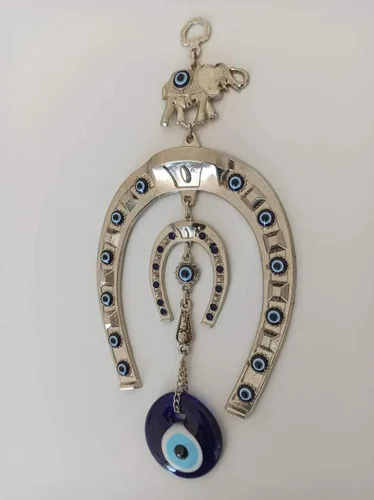 Miniatura 4 de Adorno colgante de pared de plata turca con elefante azul de ojo malvado - Amuleto de cuentas de Nazar turco - Protección para el hogar y dije