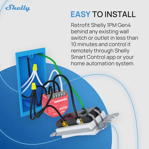 Miniatura 4 de Shelly 1PM Gen4 Interruptor de relé inteligente Wi-Fi, Zigbee, Matter con medición de potencia, 1 canal 16A Automatización del hogar