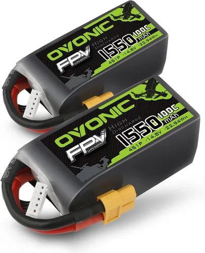 OVONIC 4s Lipo Battery 100C 1550mAh 14.8V Lipo Batería con conector XT60 para RC FPV Racing Drone Quadcopter (2 paquetes)