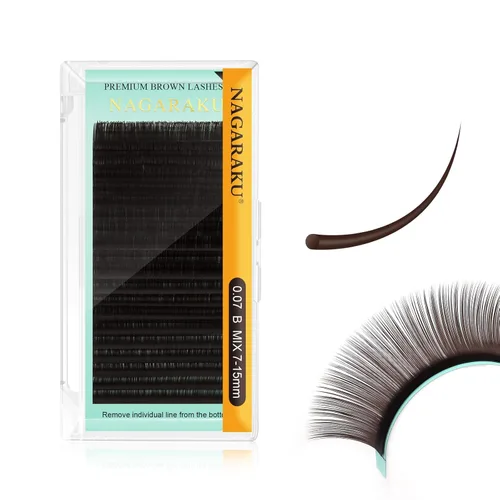 NAGARAKU Extensiones de pestañas de color marrón oscuro 0.003 in, rizo B, 0.276-0.591 in, bandeja mixta, pestañas individuales, volumen de visón